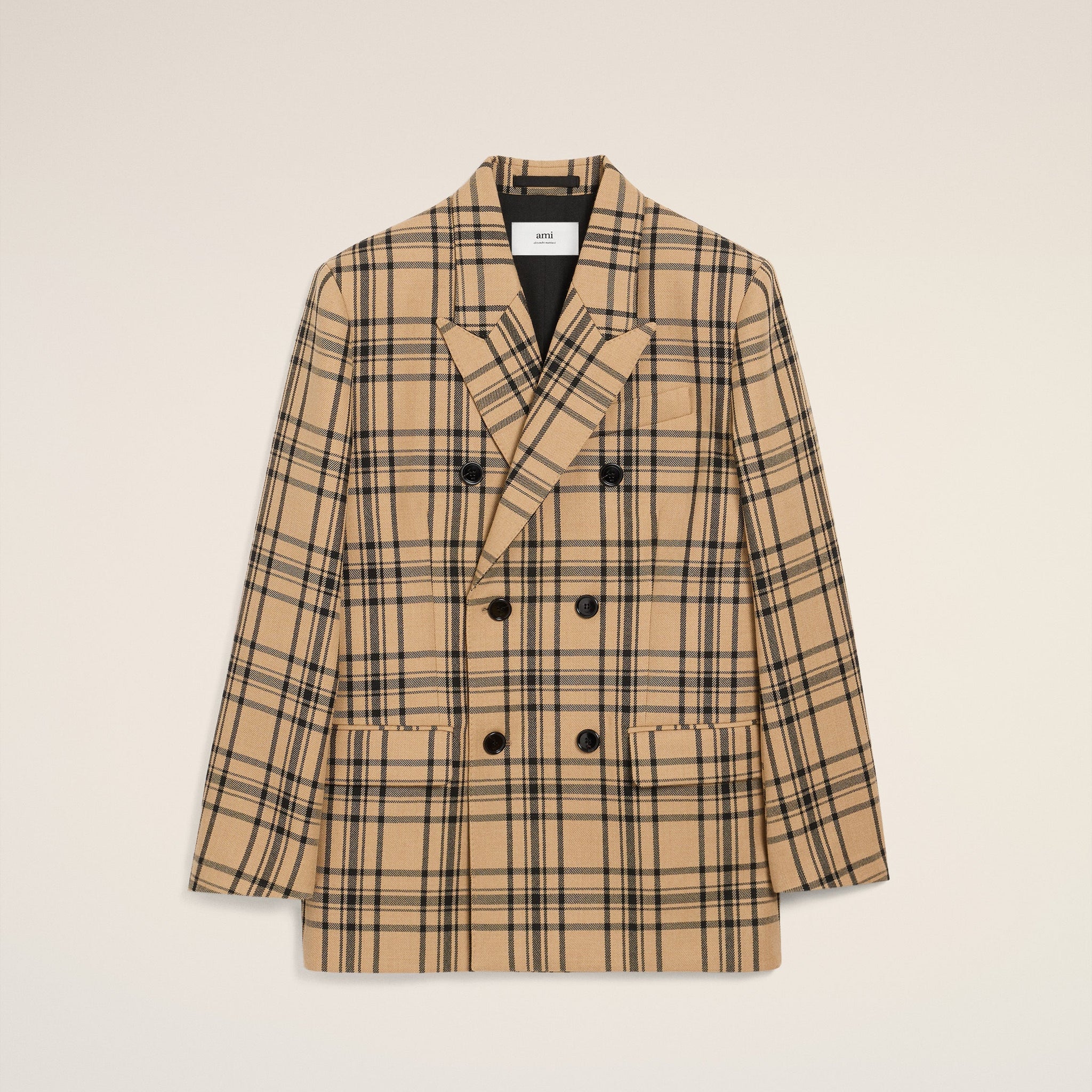 Brown Wool Checked Loose Double Breasted Jacket