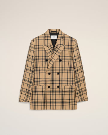 Brown Wool Checked Loose Double Breasted Jacket