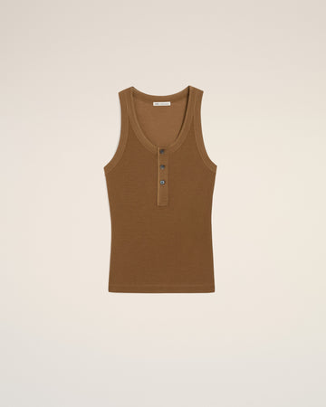 Brown Jersey Tanktop With Buttoned Placket