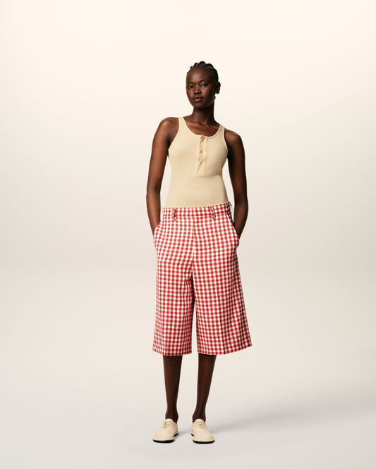Plaid Red Wool Wide Bermuda