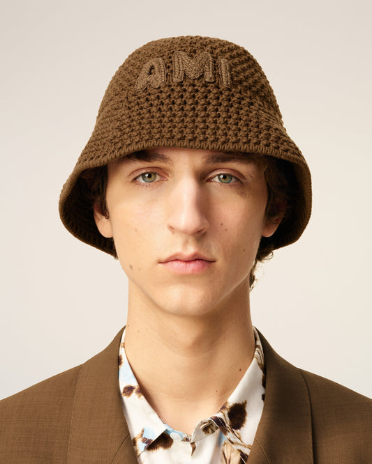Brown Cotton Knitted Ami Patch Bucket Hat