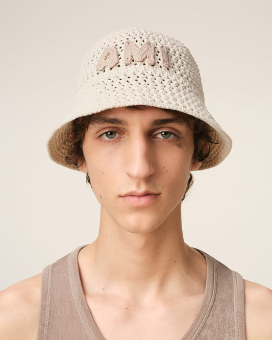 Beige Knit Ami Patch Bucket Hat