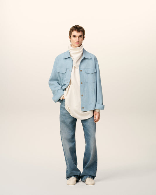 Blue Leather Trucker Jacket