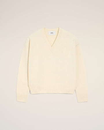 White Wool Ami De Coeur V Neck Sweater