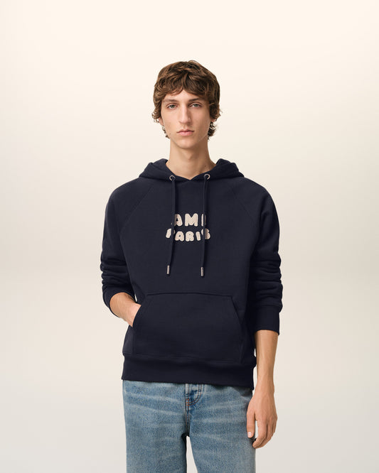 Navy Cotton Hoodie With Ami Paris Patch